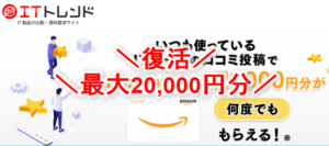 爆益最大20,000円分が復活！1回のレビューで1,000PとAmazonギフト券1,000円！10回まで回答OK！